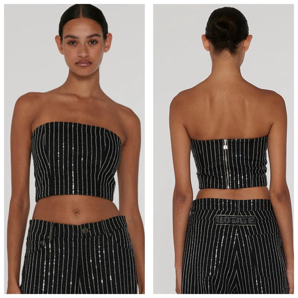 Rotate Birger Christensen Sequined Twill Crop Top Size Small Striped Black